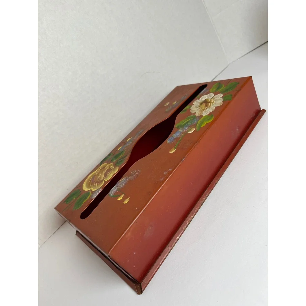 Vintage Metal Tissue Holder Hand Painted Floral Wall Mount Toleware Cottagecore